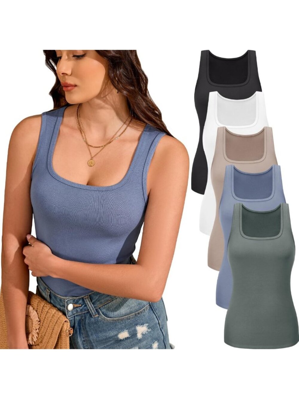 5 Pack Women's Ribbed Tank Tops - Square Neck Sleeveless Casual Layering Tops